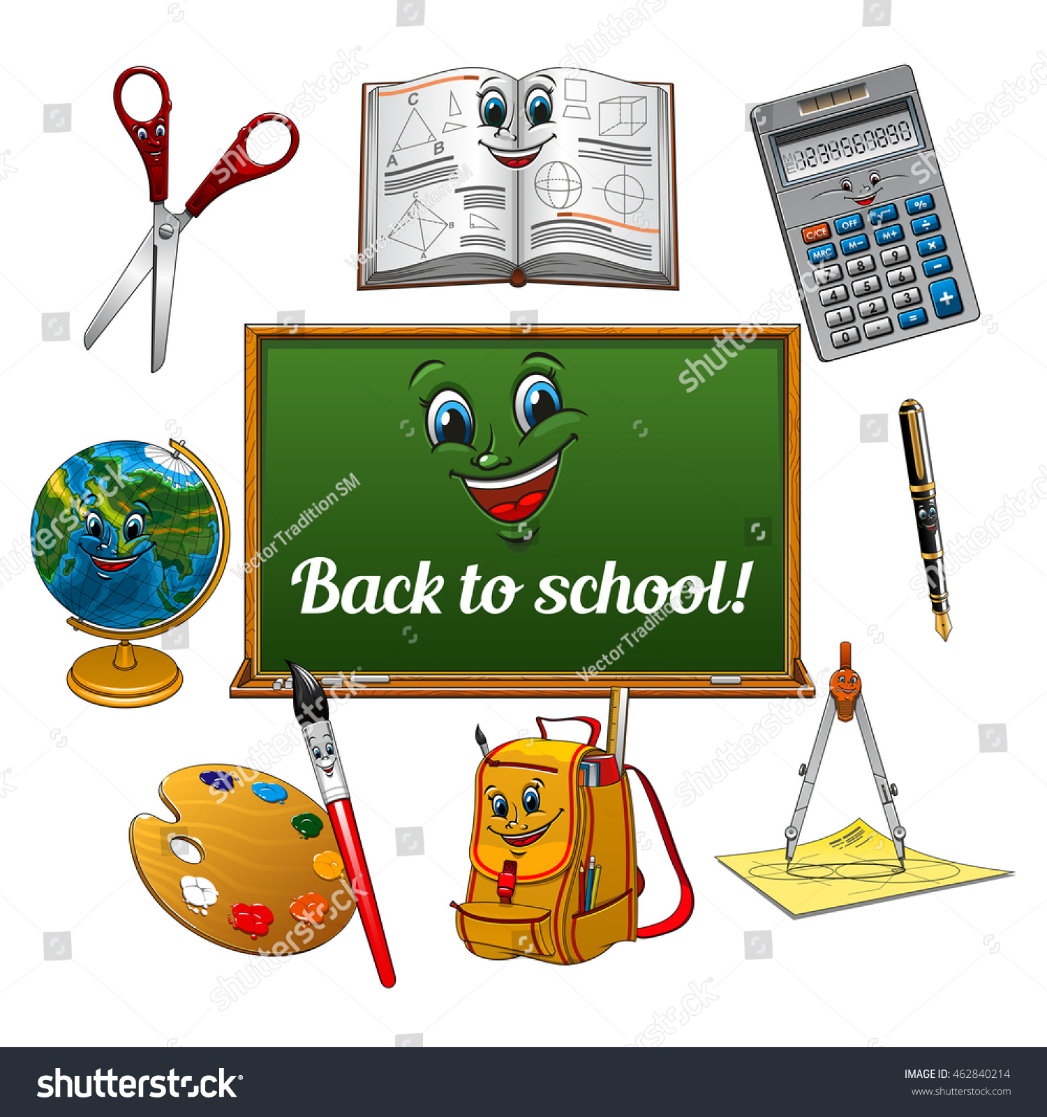 Colorful Cartoon School Supplies Blackboard Cheerful Stock Vector