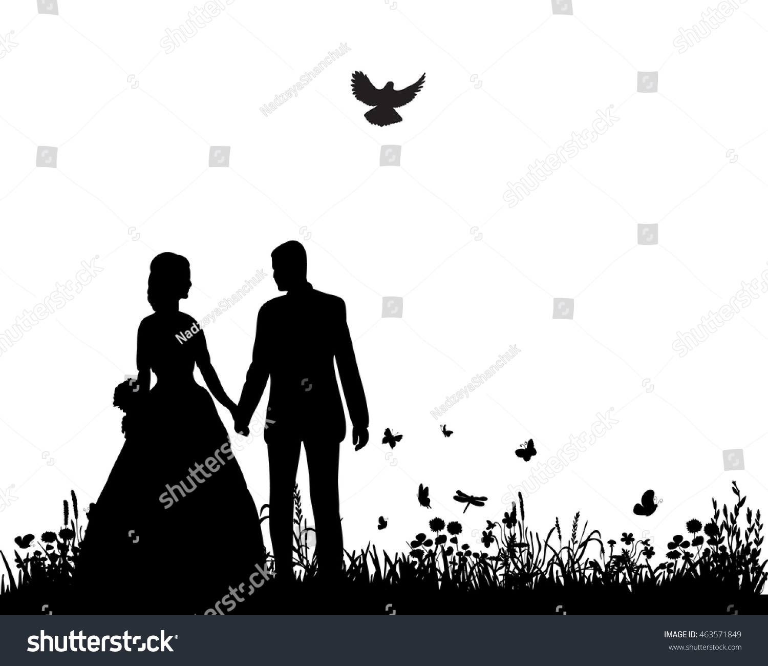 Wedding Couple Silhouette Groom Bride Natureholding Stock Vector ...