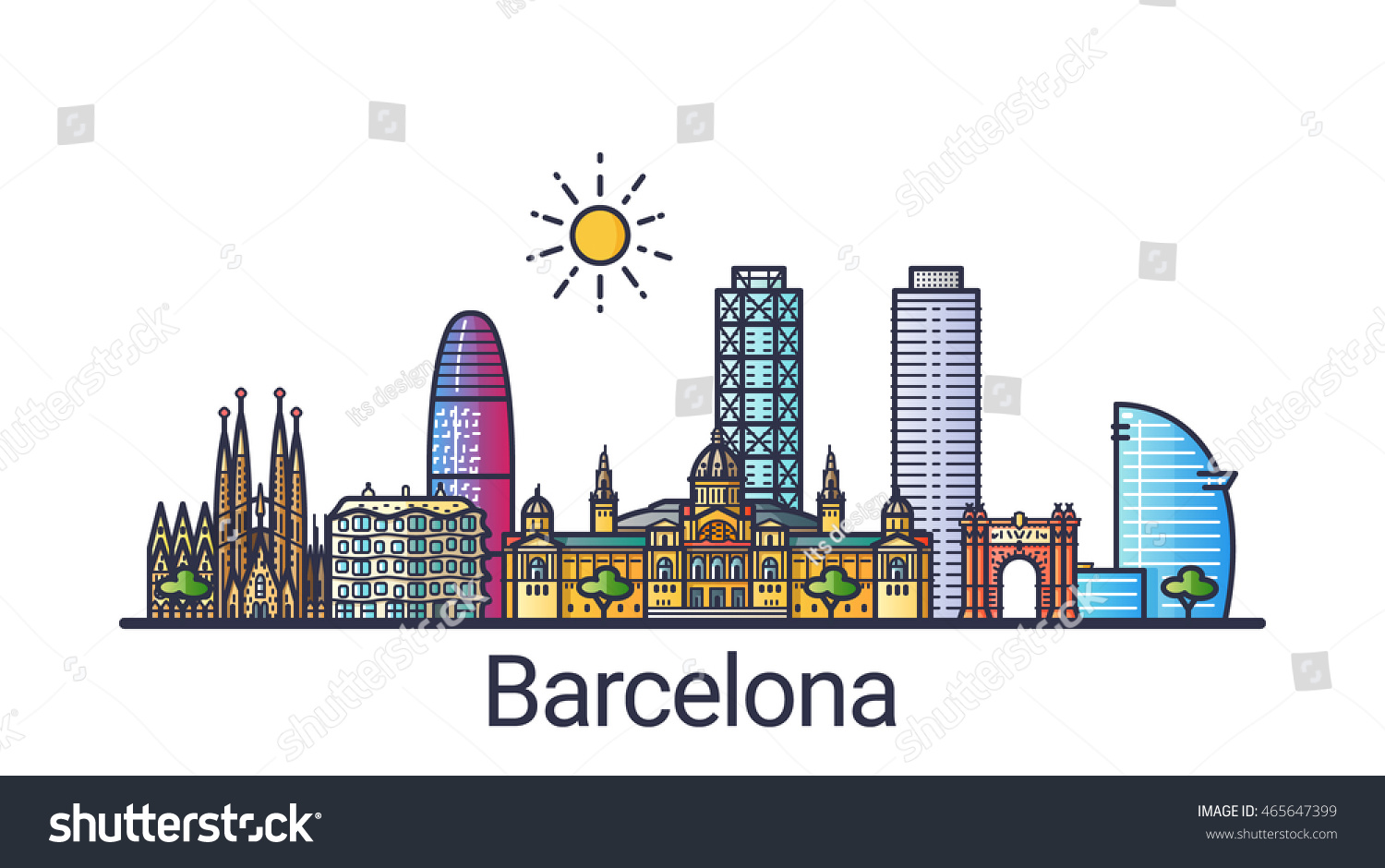 Banner Barcelona City Skyline Flat Line Stock Vector (Royalty Free ...