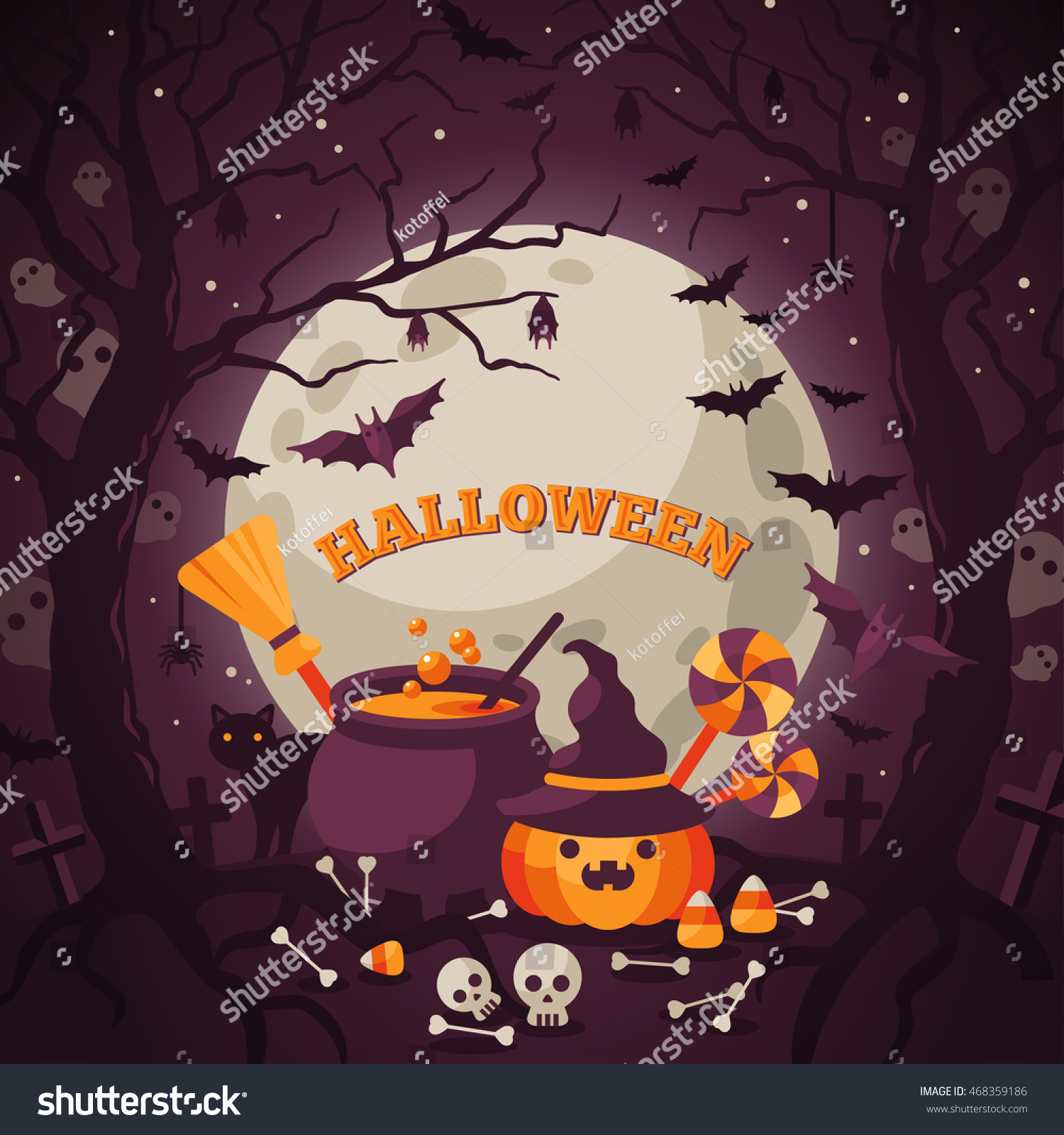 Halloween Background Orange Pumpkin Cauldron Vector Stock Vector 