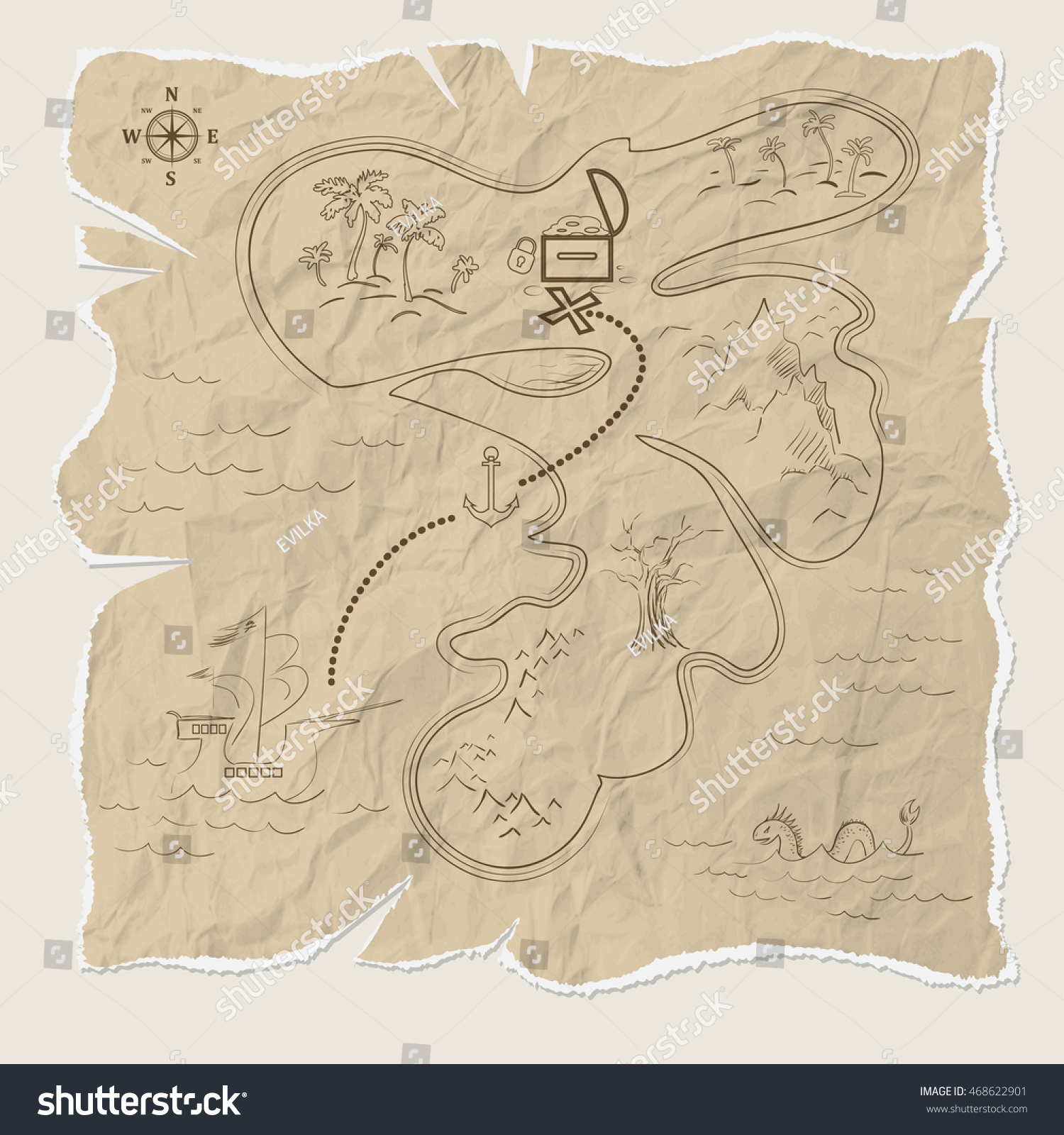 Pirate Treasure Map Island On Old Stock Vector (Royalty Free) 468622901 ...