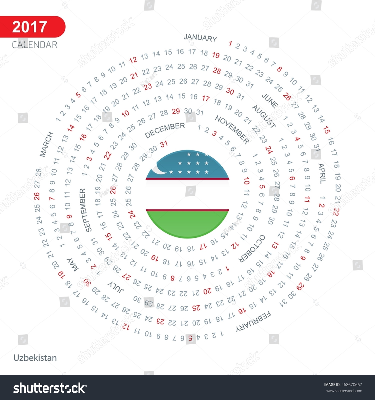 2017 Calendar Uzbekistan Country Flag Circle Stock Vector (Royalty Free