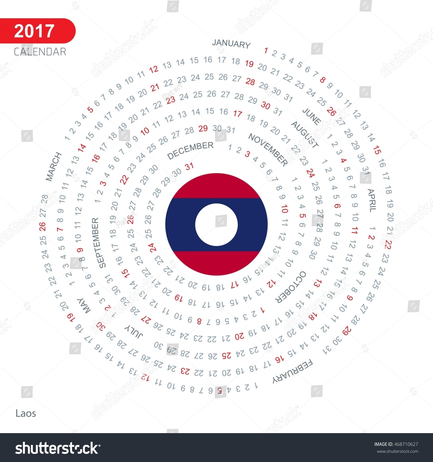 2017 Calendar Laos Country Flag Circle Stock Vector (Royalty Free