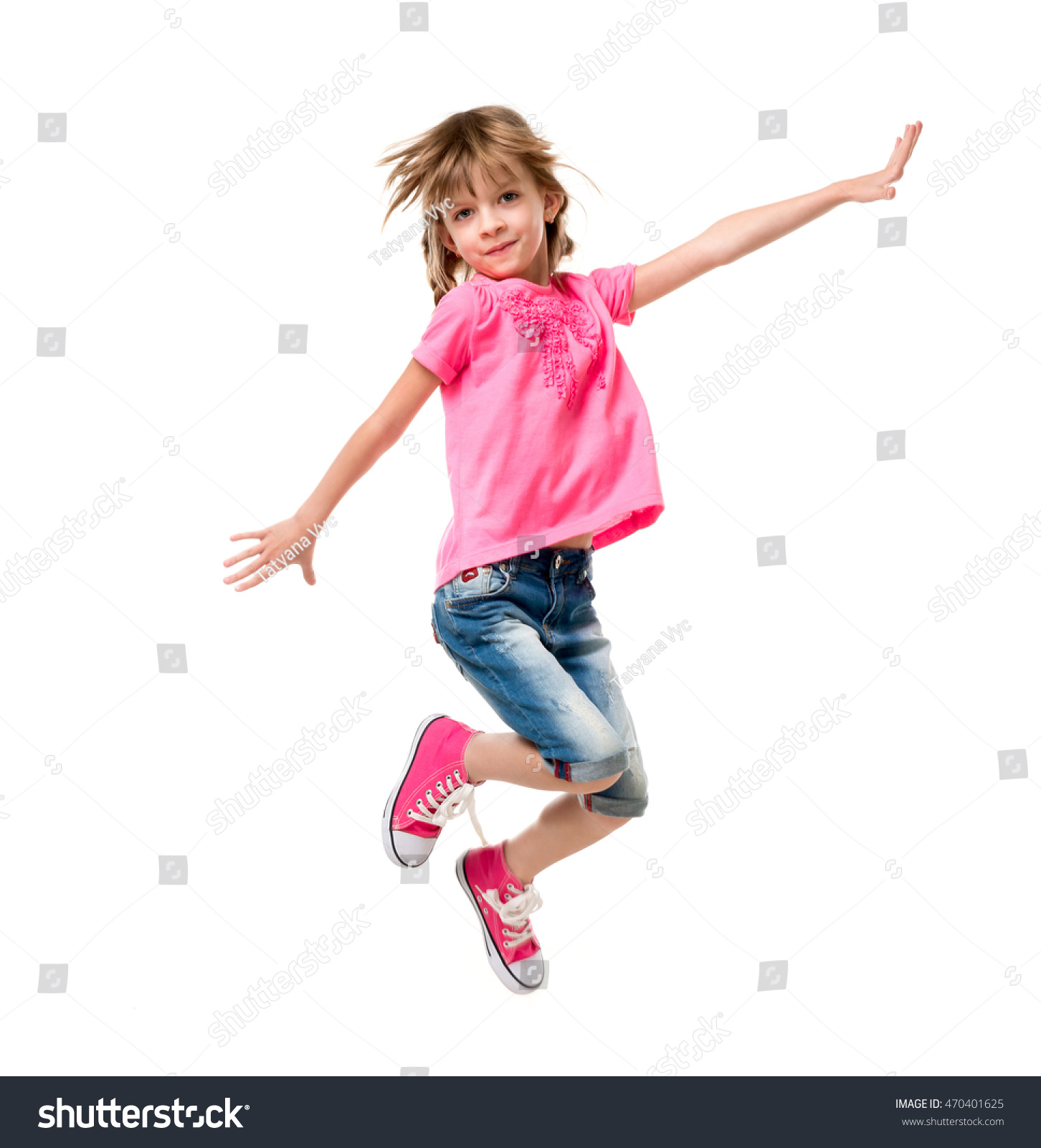 Pretty Little Girl Pink Jumping Laughing Stock Photo 470401625 ...