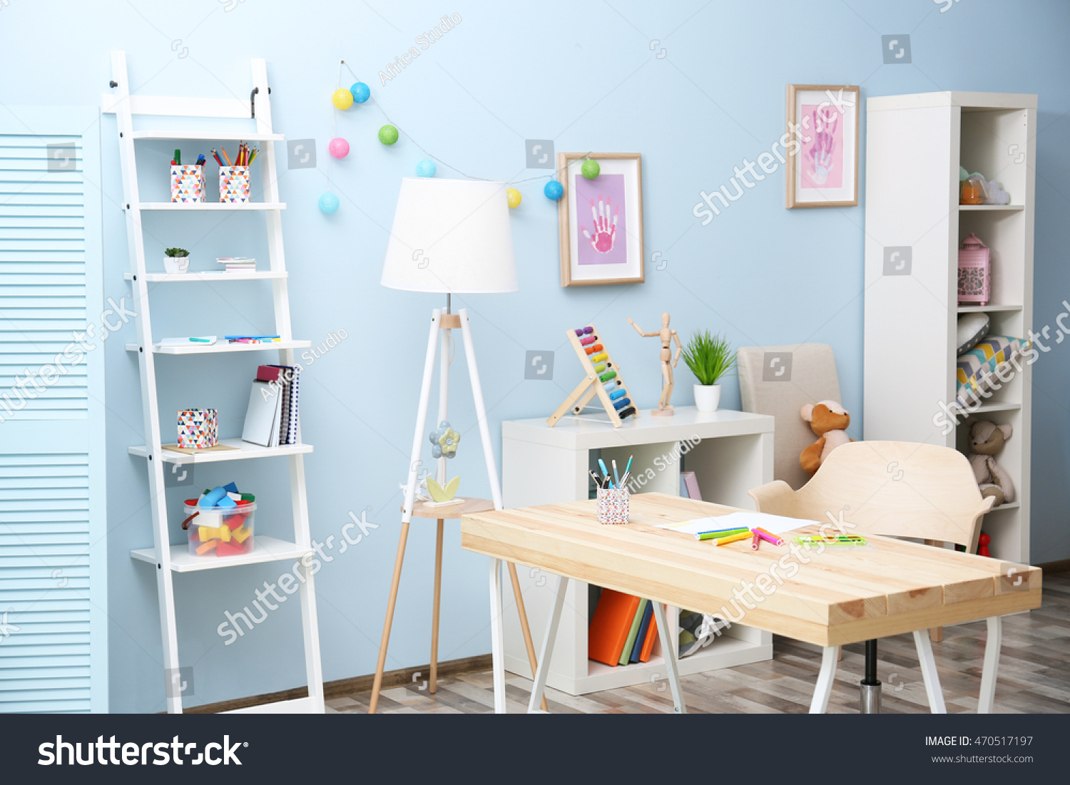 Wooden Table Blue Children Room Interior Stock Photo 470517197 ...