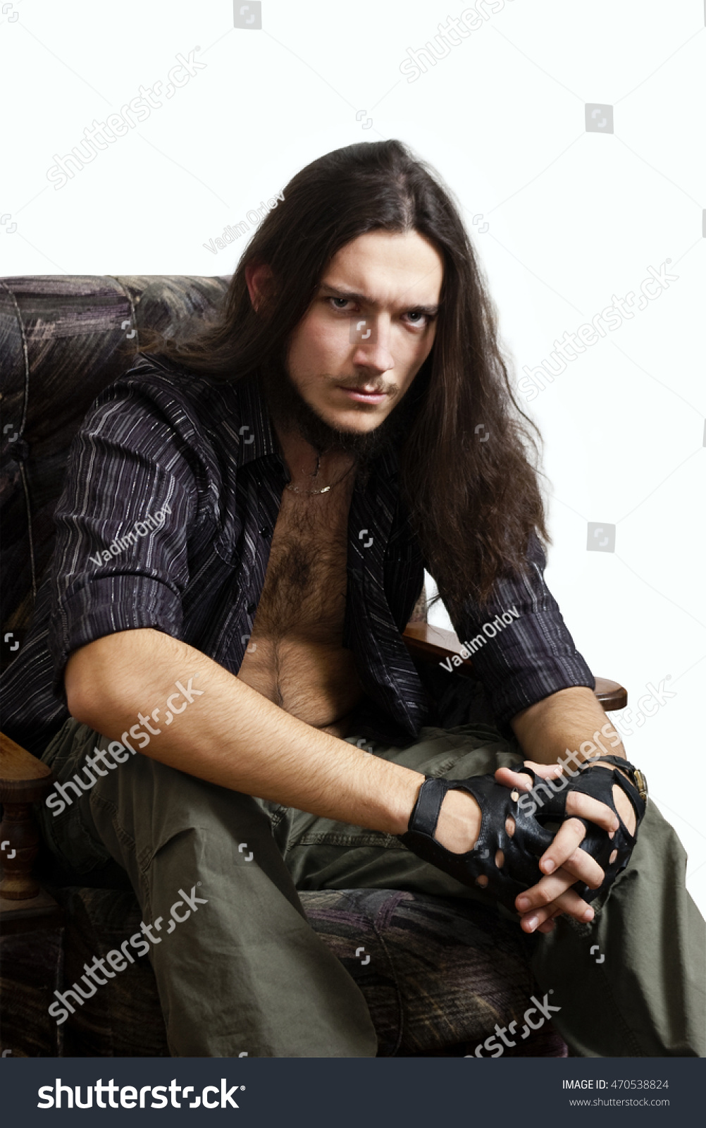 Long Haired Bearded Man Sitting Chair Stock Photo 470538824 Shutterstock