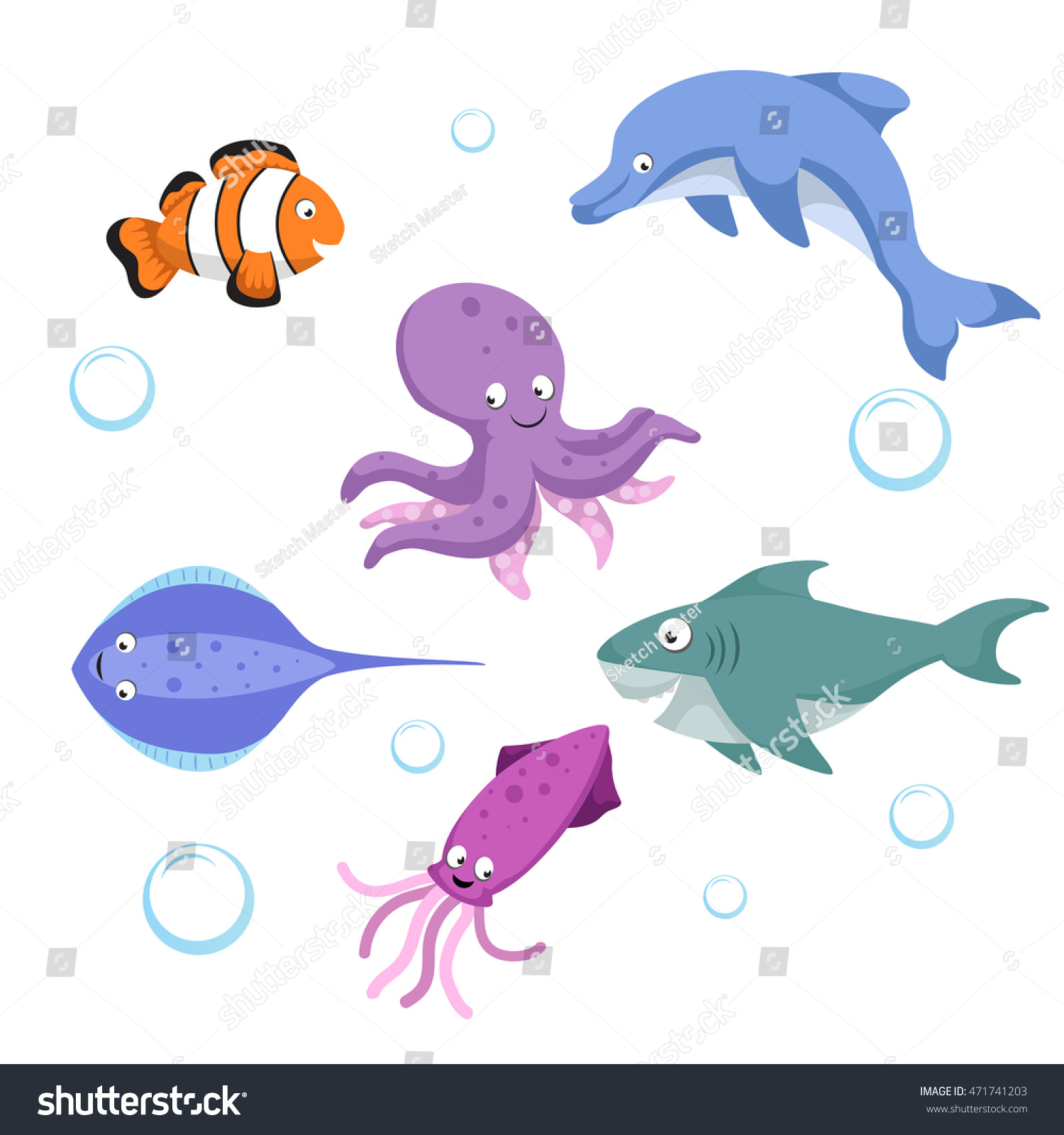 Vector Cartoon Different Sea Ocean Animals Stock Vector (Royalty Free ...