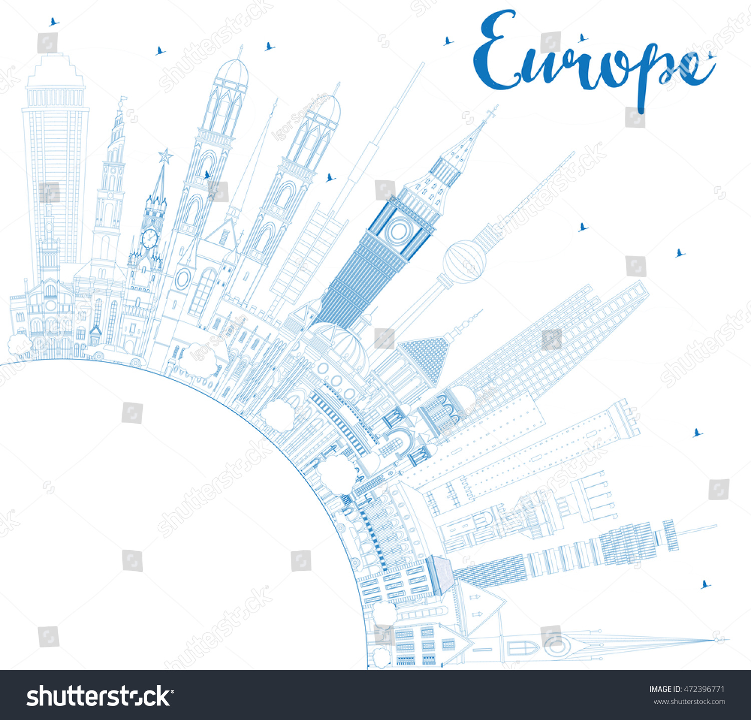 Outline Europe Skyline Silhouette Blue Landmarks Stock Illustration ...