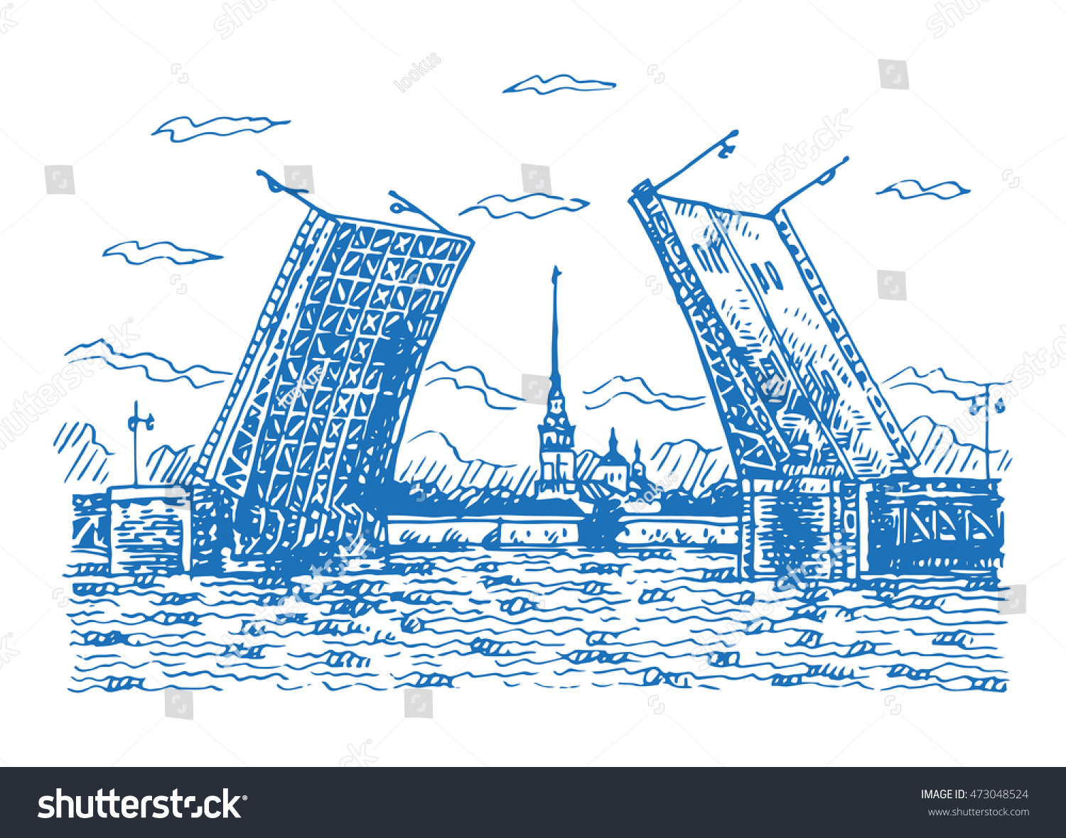 Дворцовый мост и Петропавловская крепость в Санкт-Петербурге рисунок