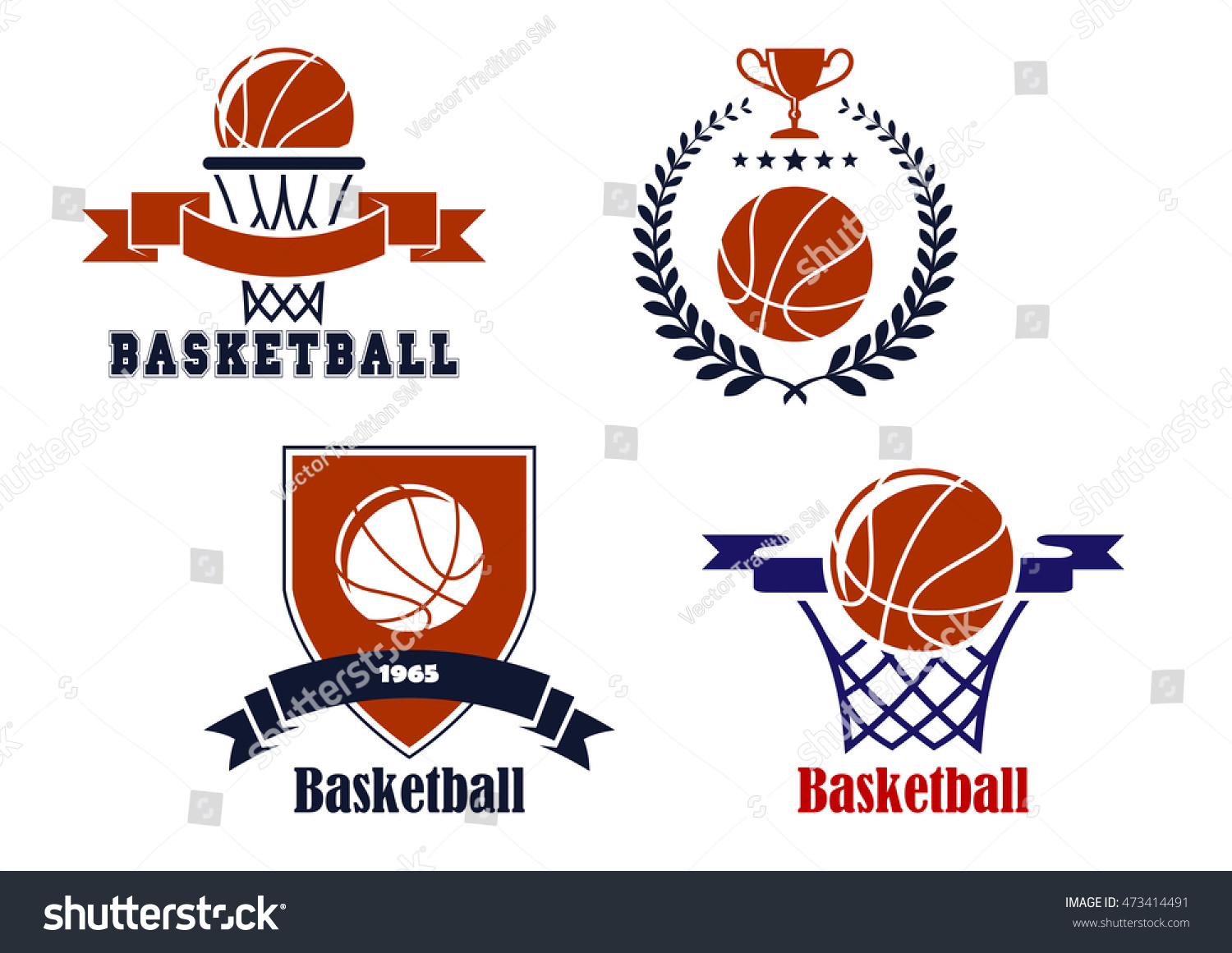 Basketball Emblems Symbols Baskets Laurel Wreath Stock Illustration 