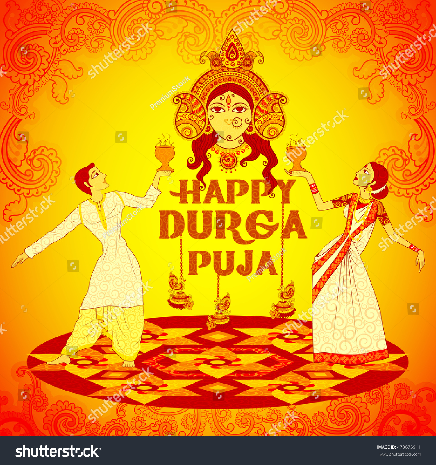 Vector Design Couple Performing Dhunuchi Dance Stock Vector (Royalty ...