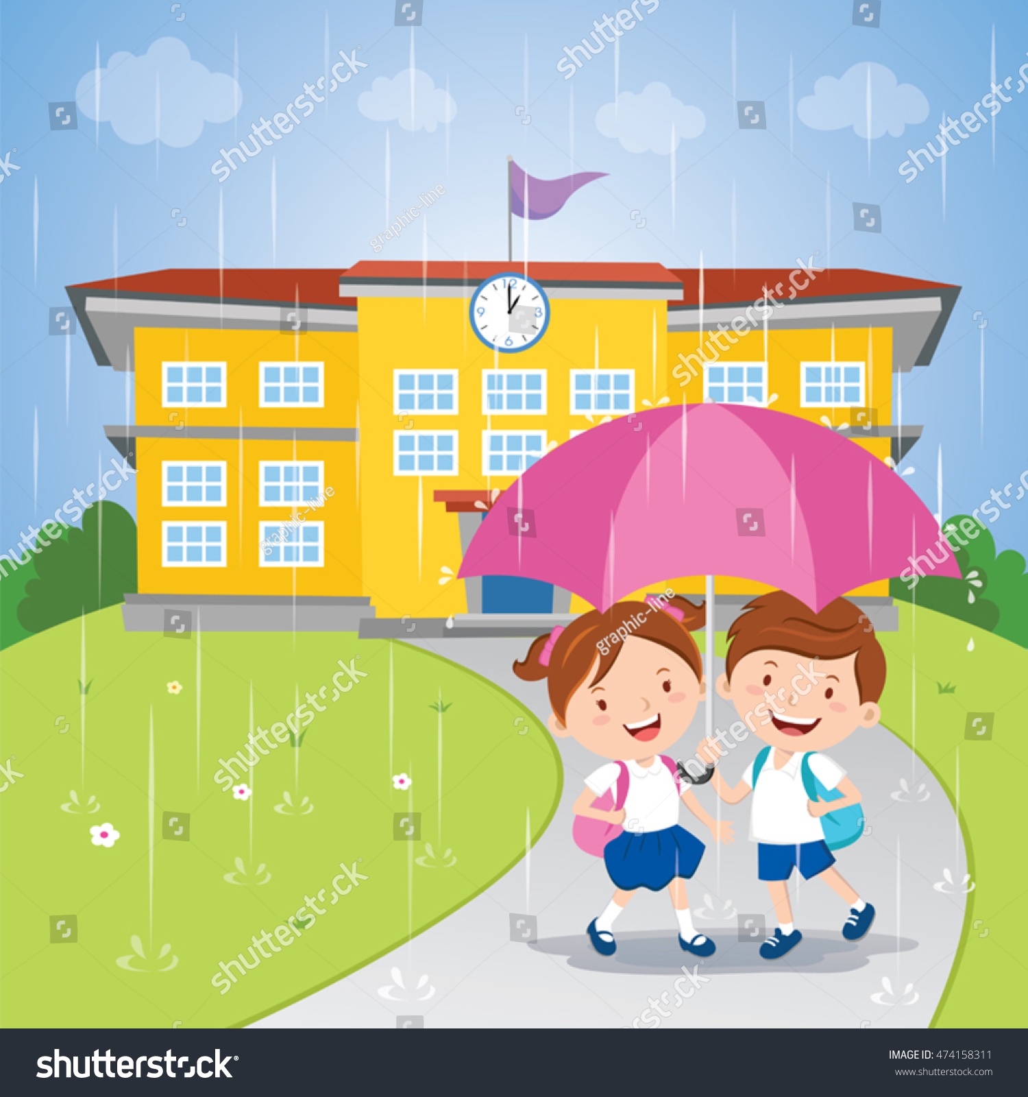 Школа дождь. Going to School in the Rain picture for Kids.