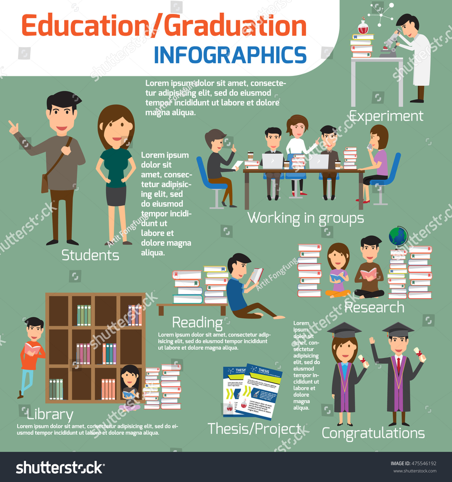 Infographics Detail Graduate Students Equipments Education Stock Vector ...