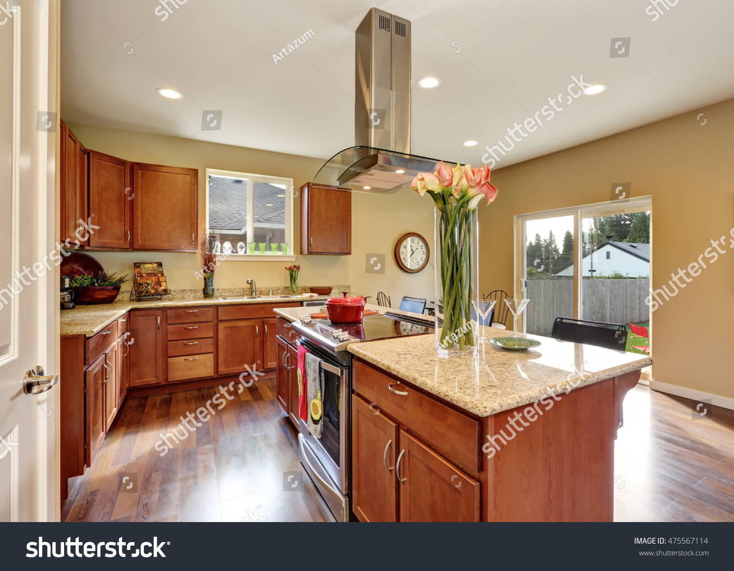 Stock Photo Traditional American Kitchen Featuring Stainless Steel Appliances Range Hood An Island And 475567114 