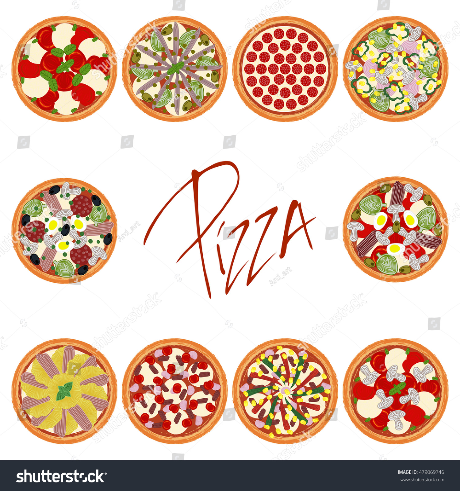 Set Different Types Pizzas Various Ingredients Stock Illustration ...