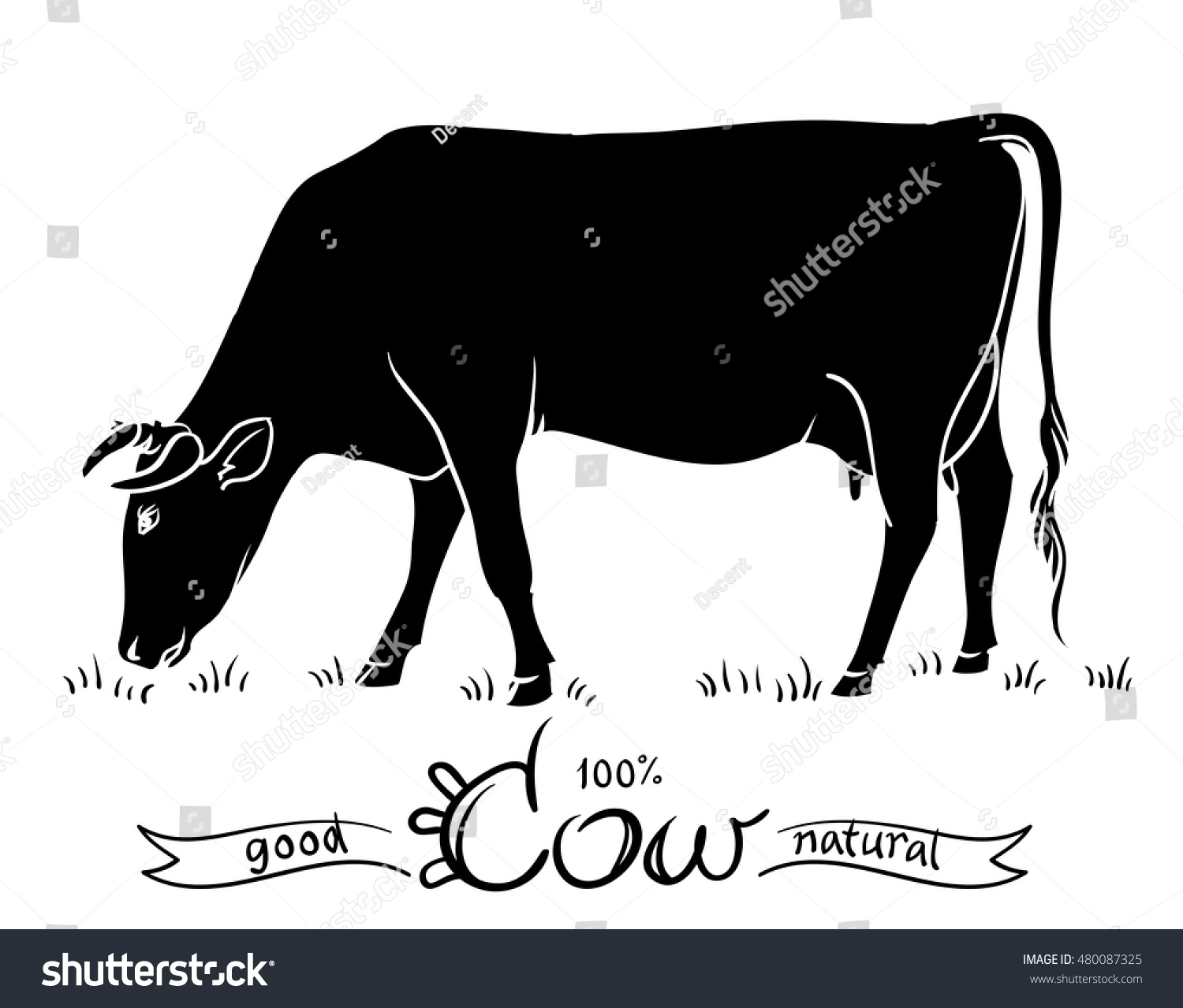 cow eating grass clipart black&white