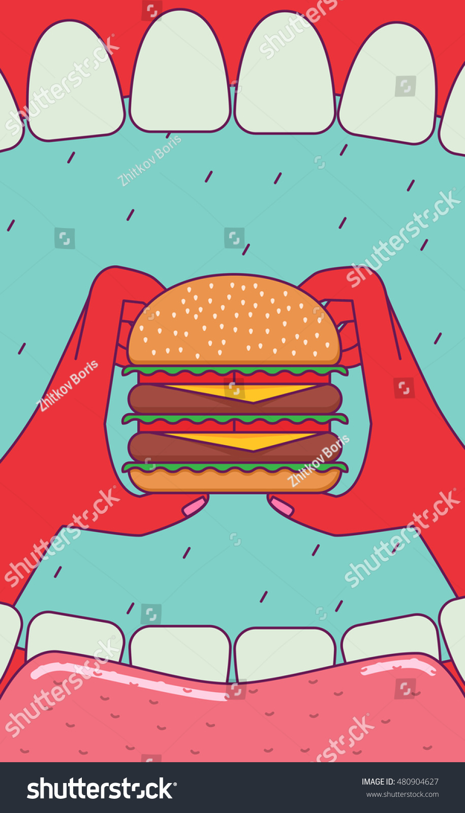 Open Mouth Hands Holding Huge Burger Stock Vector (royalty Free 