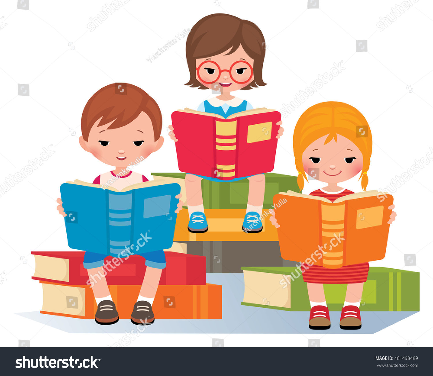 Group Children Reading Sitting On Pile Stock Vector (Royalty Free ...