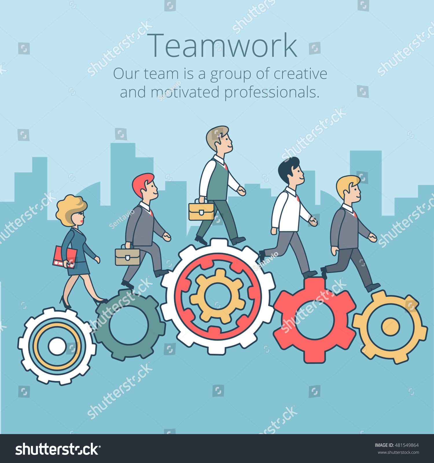 Linear Flat Businesspeople Synchronously Walking Gearwheels Stock ...