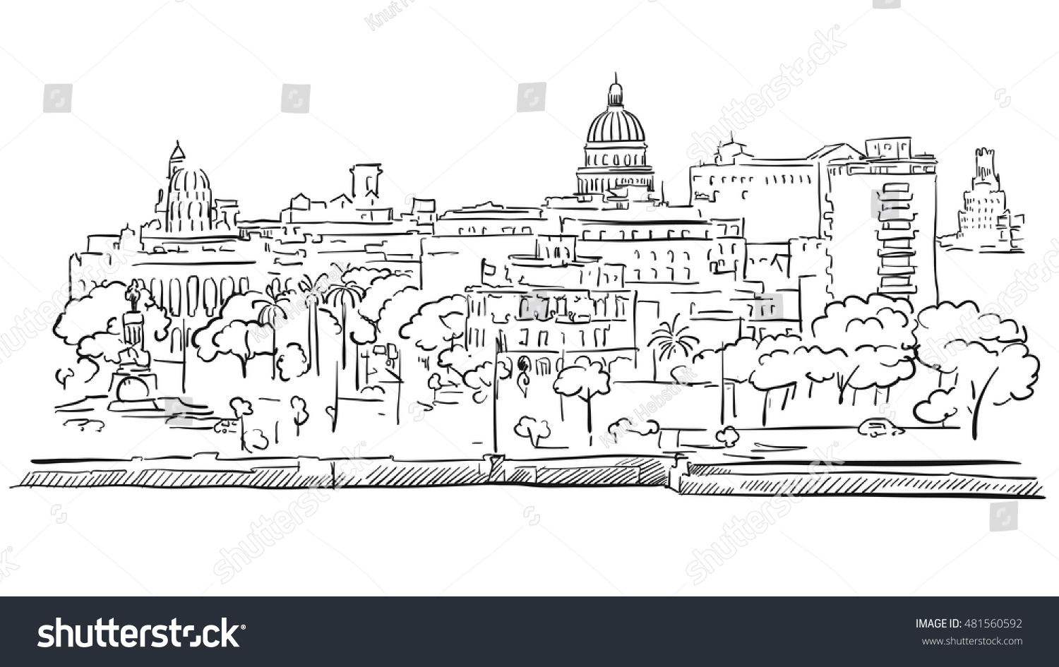 Havana Cuba Panorama Outline Sketch Hand Stock Vector (Royalty Free ...