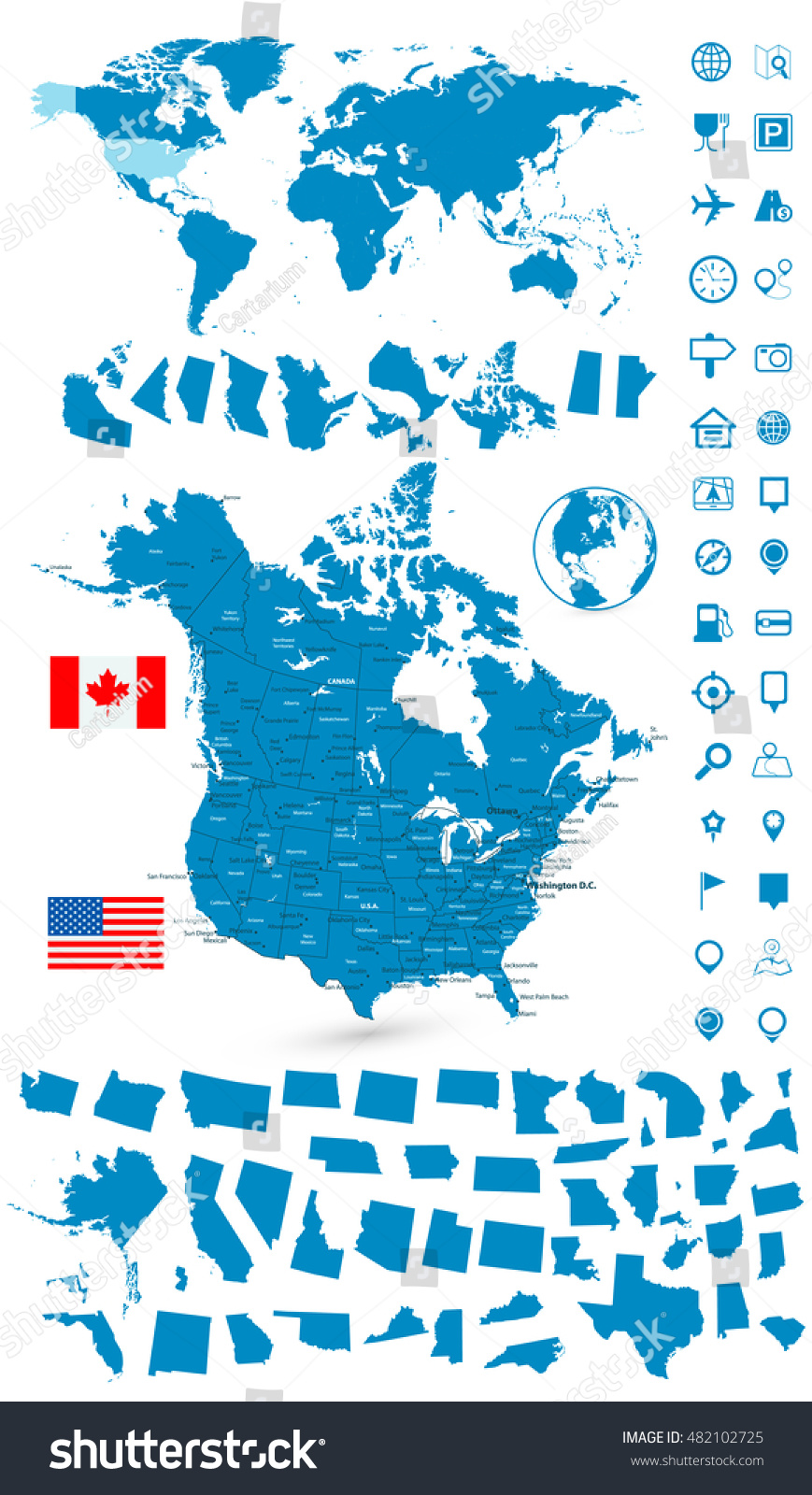 Detailed Map Usa Canada World Map Stock Vector (Royalty Free) 482102725 ...