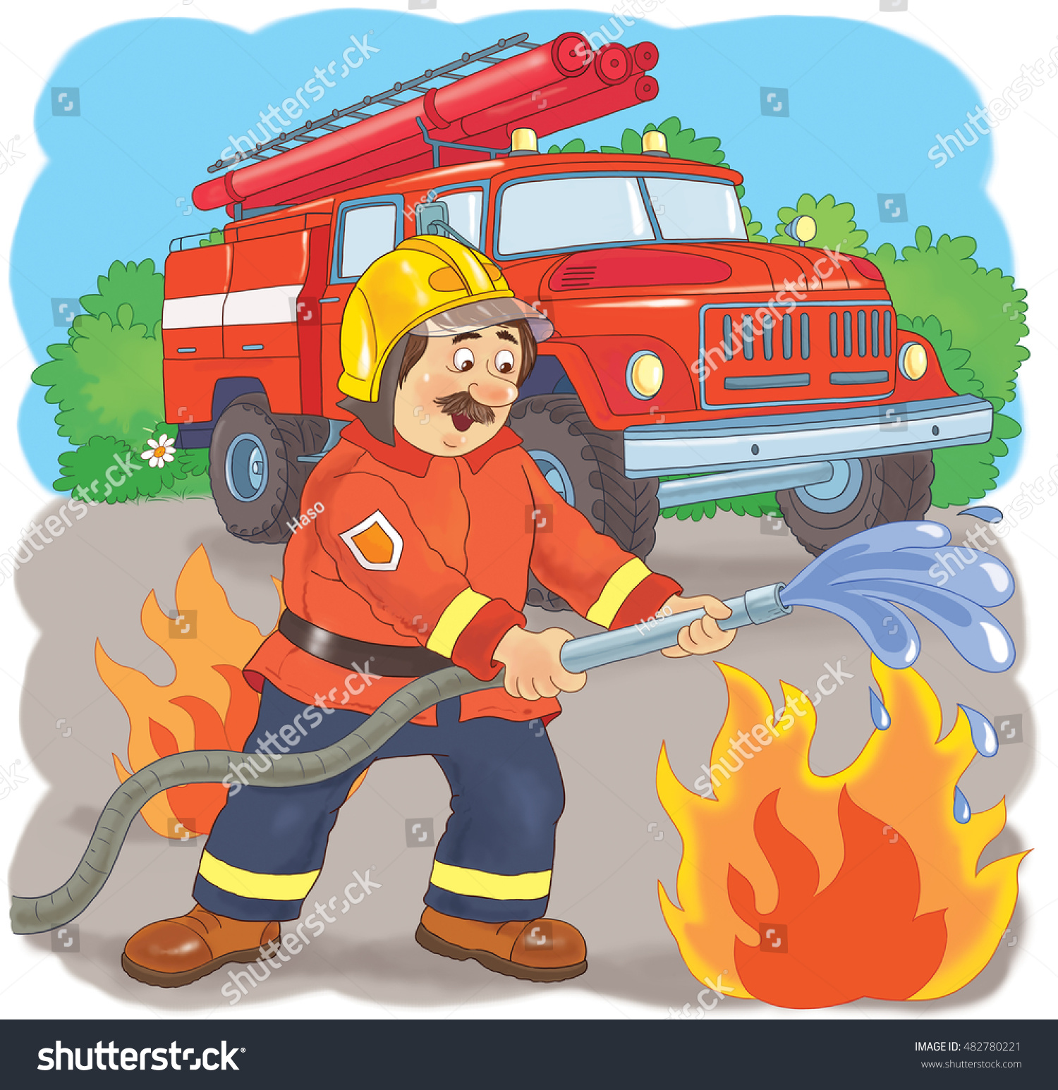 Cute Fireman Extinguishes Fire Book About Stock Illustration 482780221 