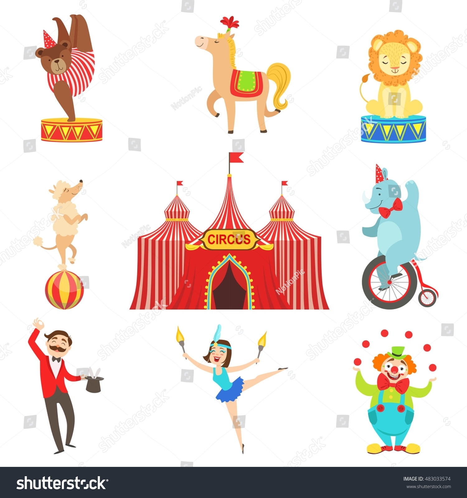 Circus Performance Objects Characters Set Stock Vector (Royalty Free ...