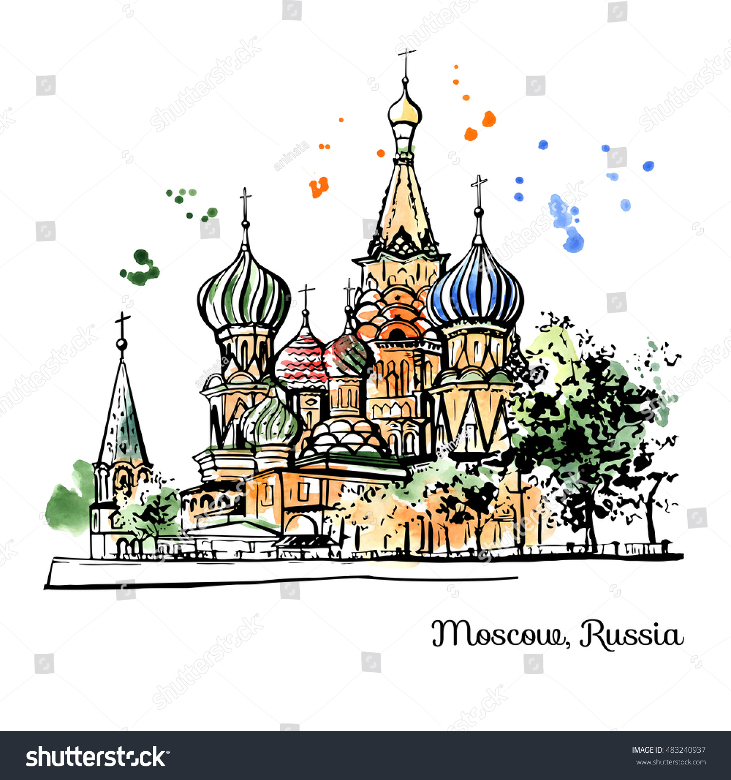 Московский Кремль купола рисунок акварель