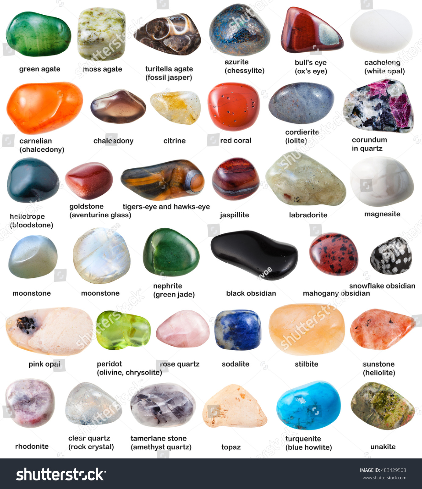 Collection Various Tumbled Gemstones Names Isolated Stock Photo ...