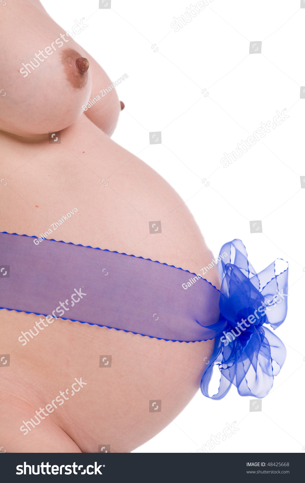 Pregnant Belly Blue Bow Naked Breasts
