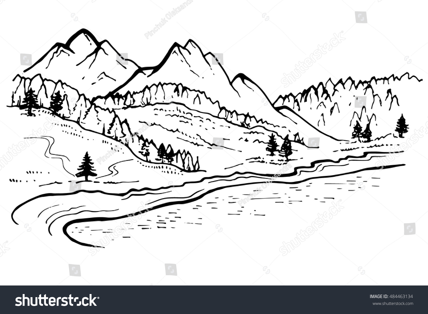 Mountain Landscape Forest Pine Trees Sketch Stock Vector (royalty Free 