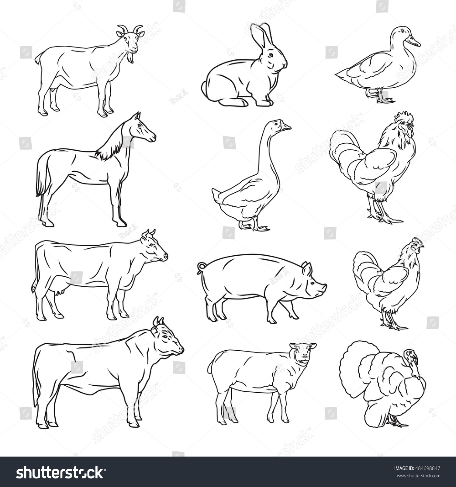 Контурное изображение сельскохозяйственных и домашних животных
