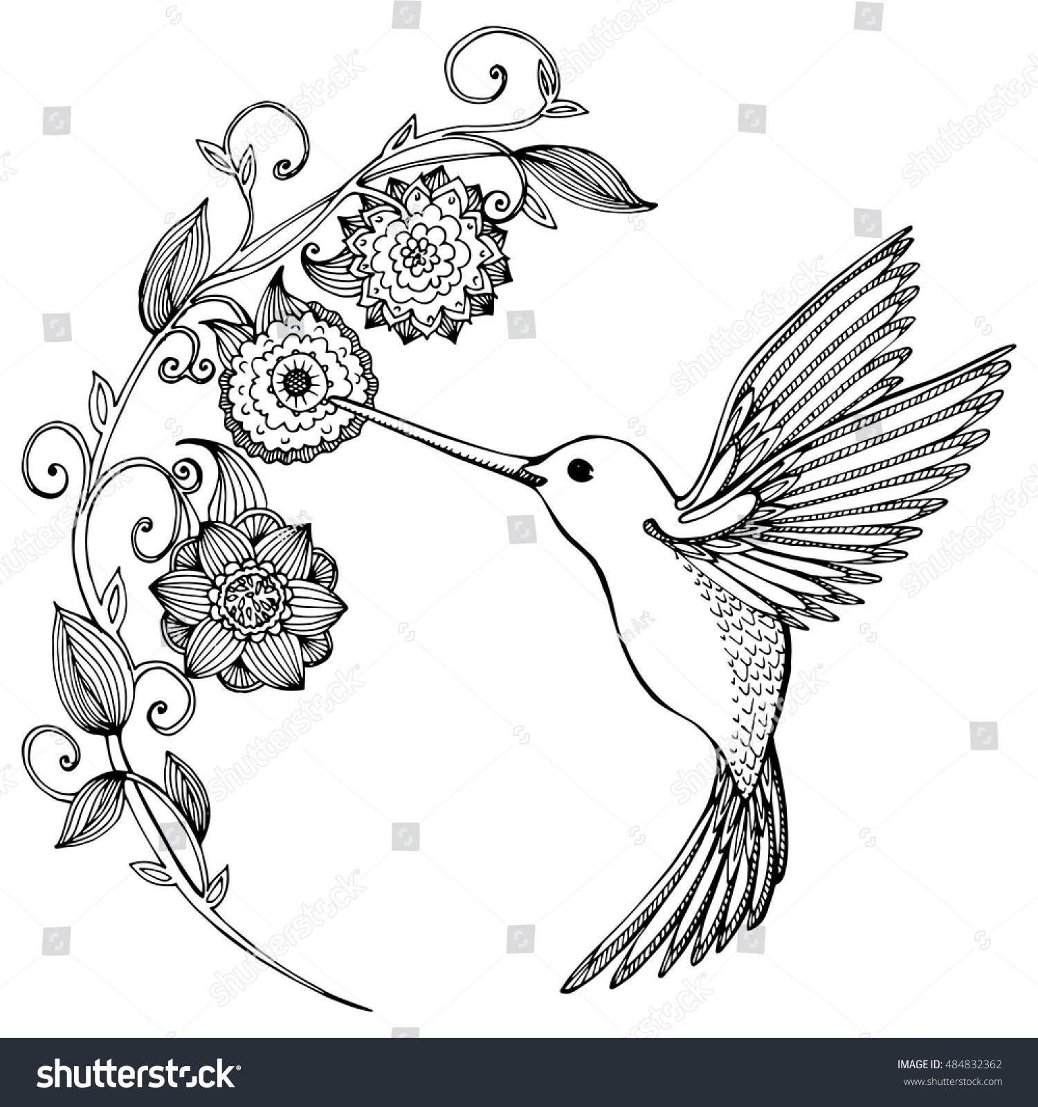Цветочный стилизованный орнамент с птицами Колибри
