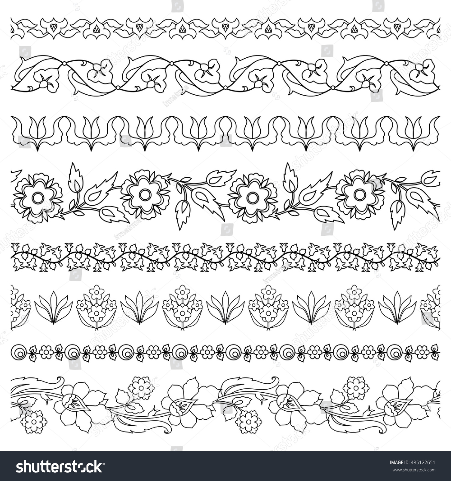 Black White Floral Borders Folk Style Stock Vector (Royalty Free ...