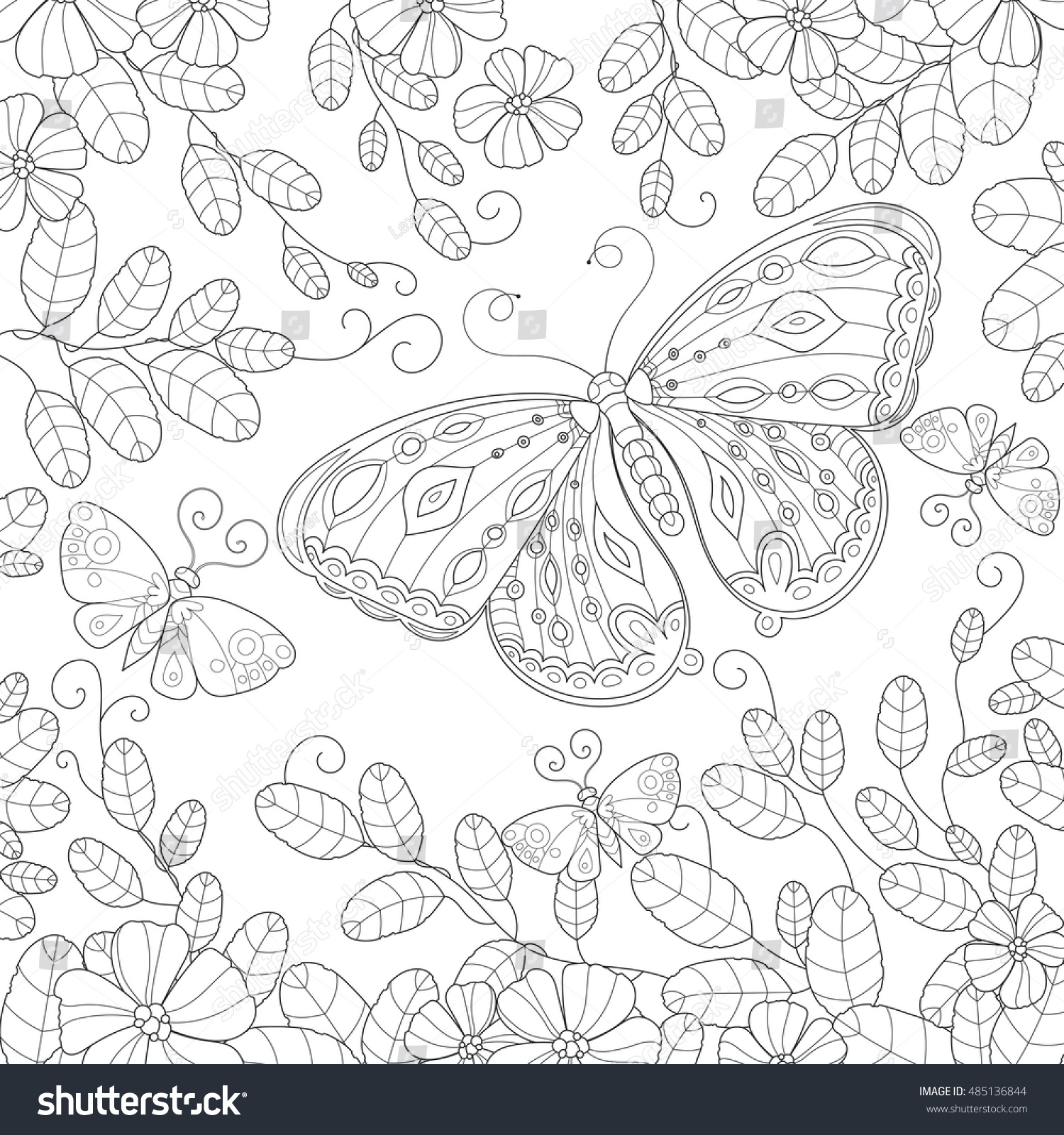 Coloring Book Page Adult Butterfly Flowers Stock Vector (Royalty Free ...