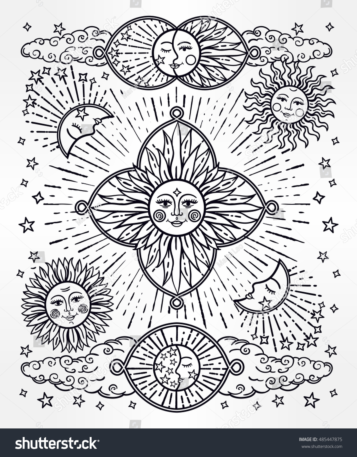 Beautiful Sky Sun Moon Stars Vintage Stock Vector (Royalty Free ...