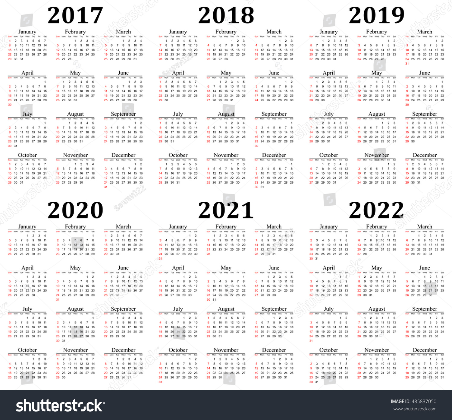 Six Year Calendar 2017 2018 2019 Stock Vector (Royalty Free) 485837050 ...