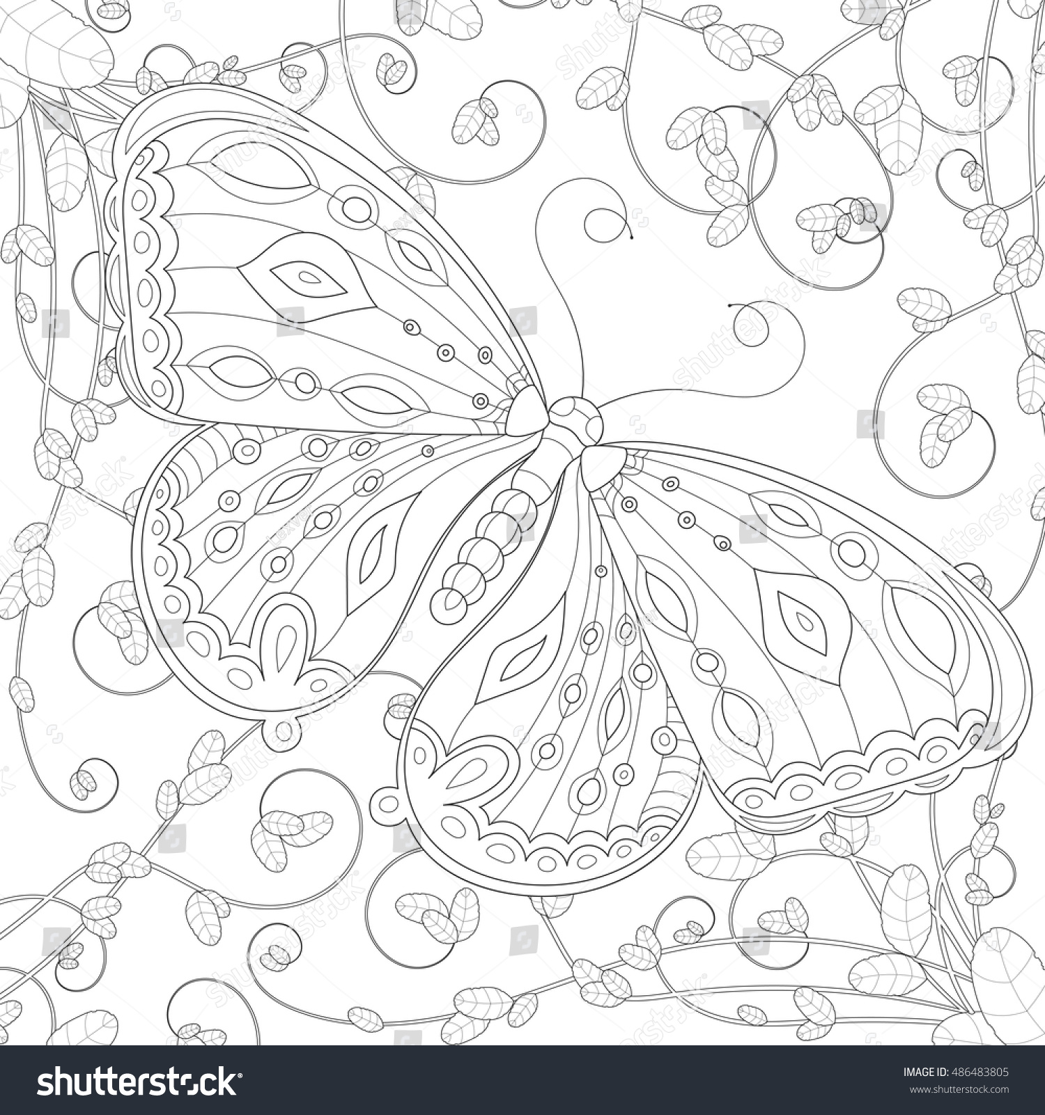 Coloring Book Page Adult Butterfly Flowers Stock Vector (royalty Free 