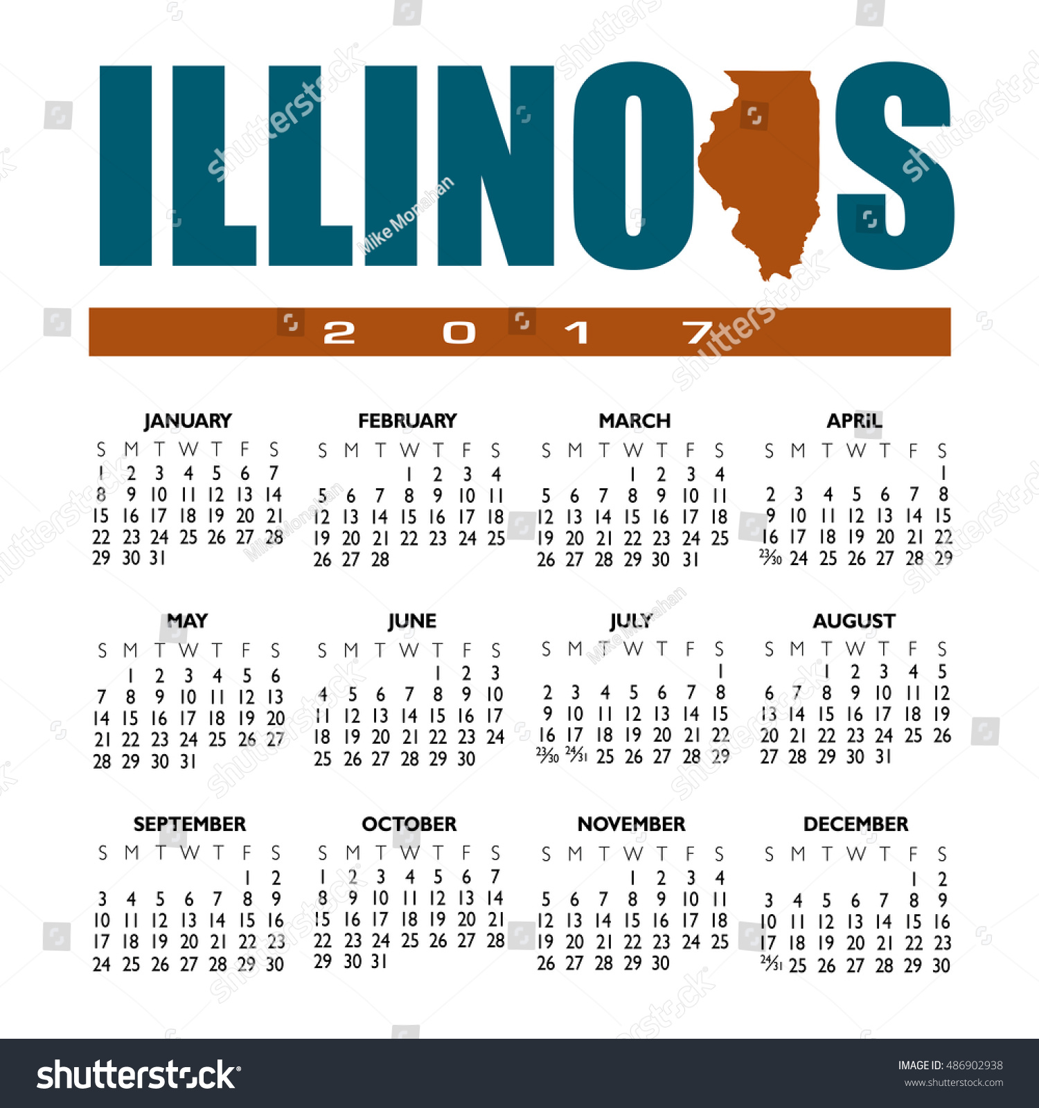 2017 Creative Illinois Calendar State Outline Stock Illustration