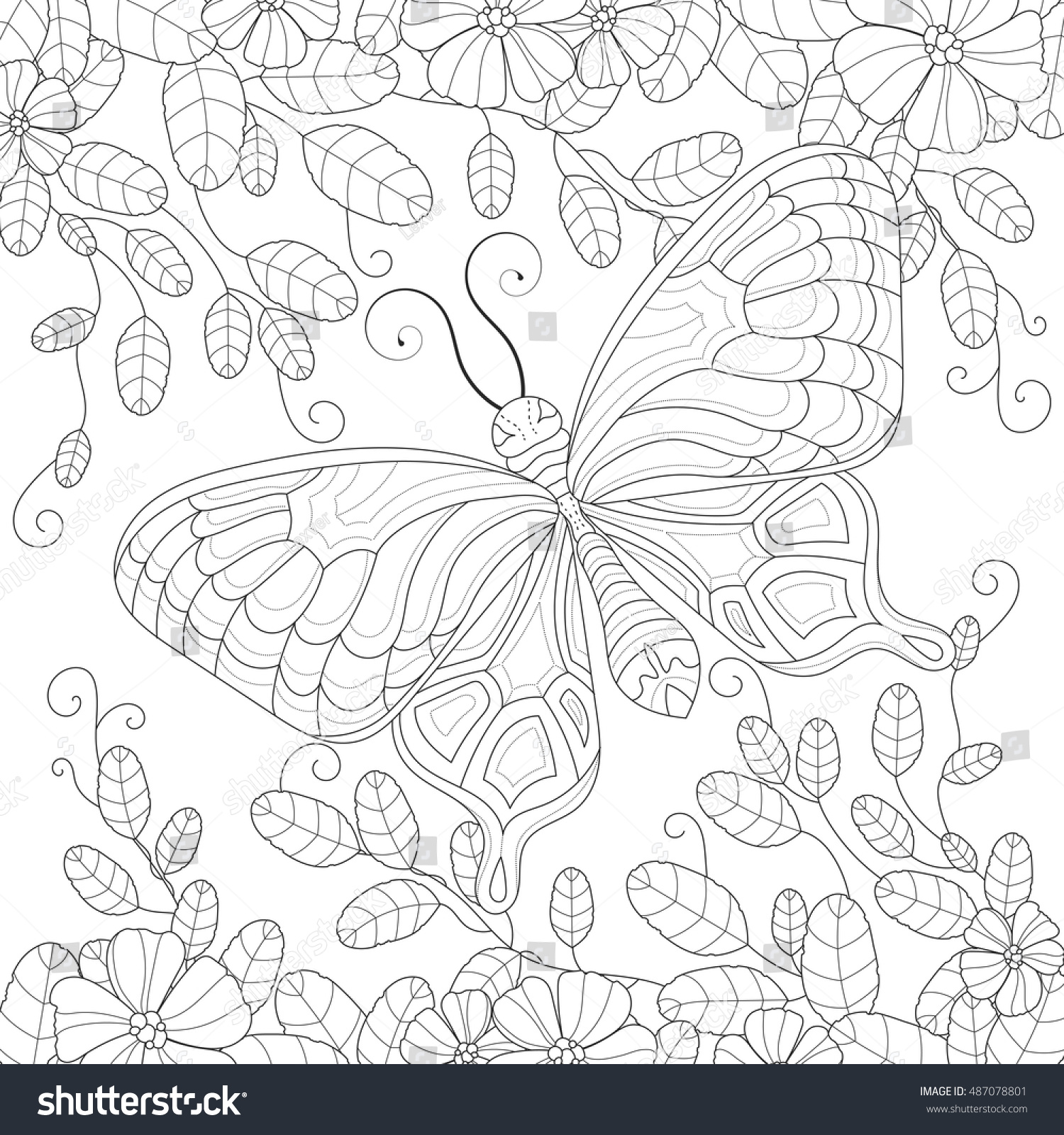 Coloring Book Page Adult Butterfly Flowers Stock Vector (Royalty Free ...