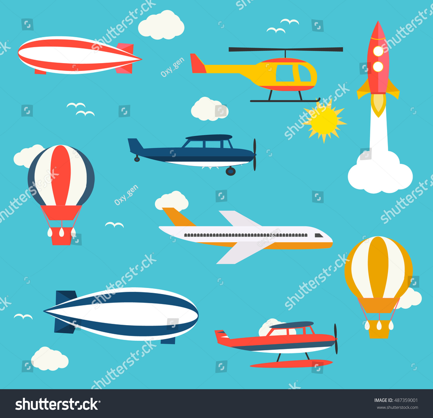 Airplanes Helicopters Hot Air Balloons Rocket Stock Vector (Royalty ...