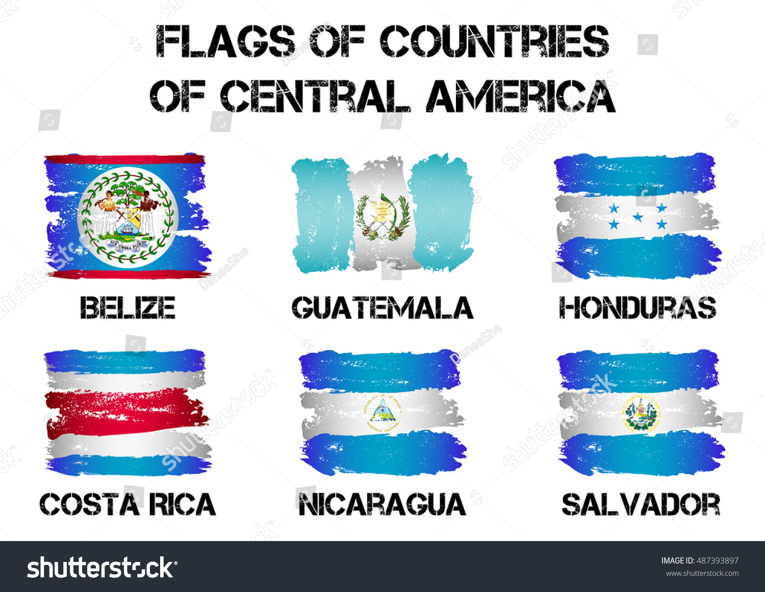 Set Flags Central America Countries Brush Stock Vector Royalty Free   Stock Vector Set Of Flags Of Central America Countries From Brush Strokes In Grunge Style Isolated On White 487393897 