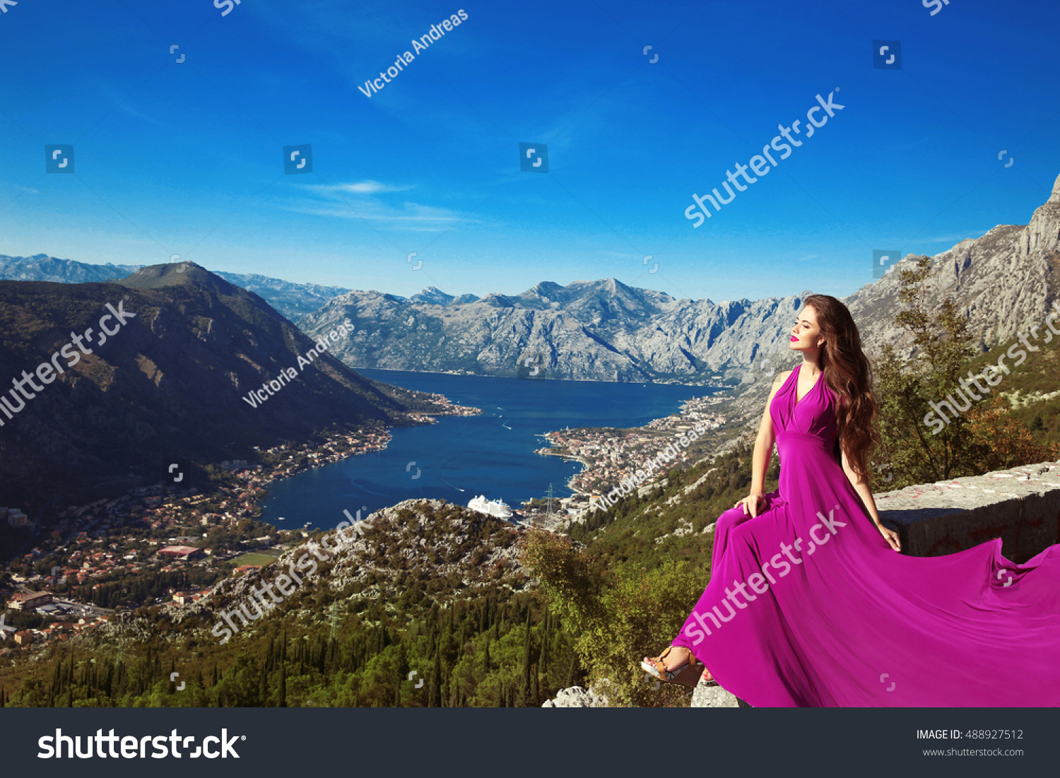 Kotor Bay Montenegro Romantic Woman Blowing Stock Photo 488927512 ...