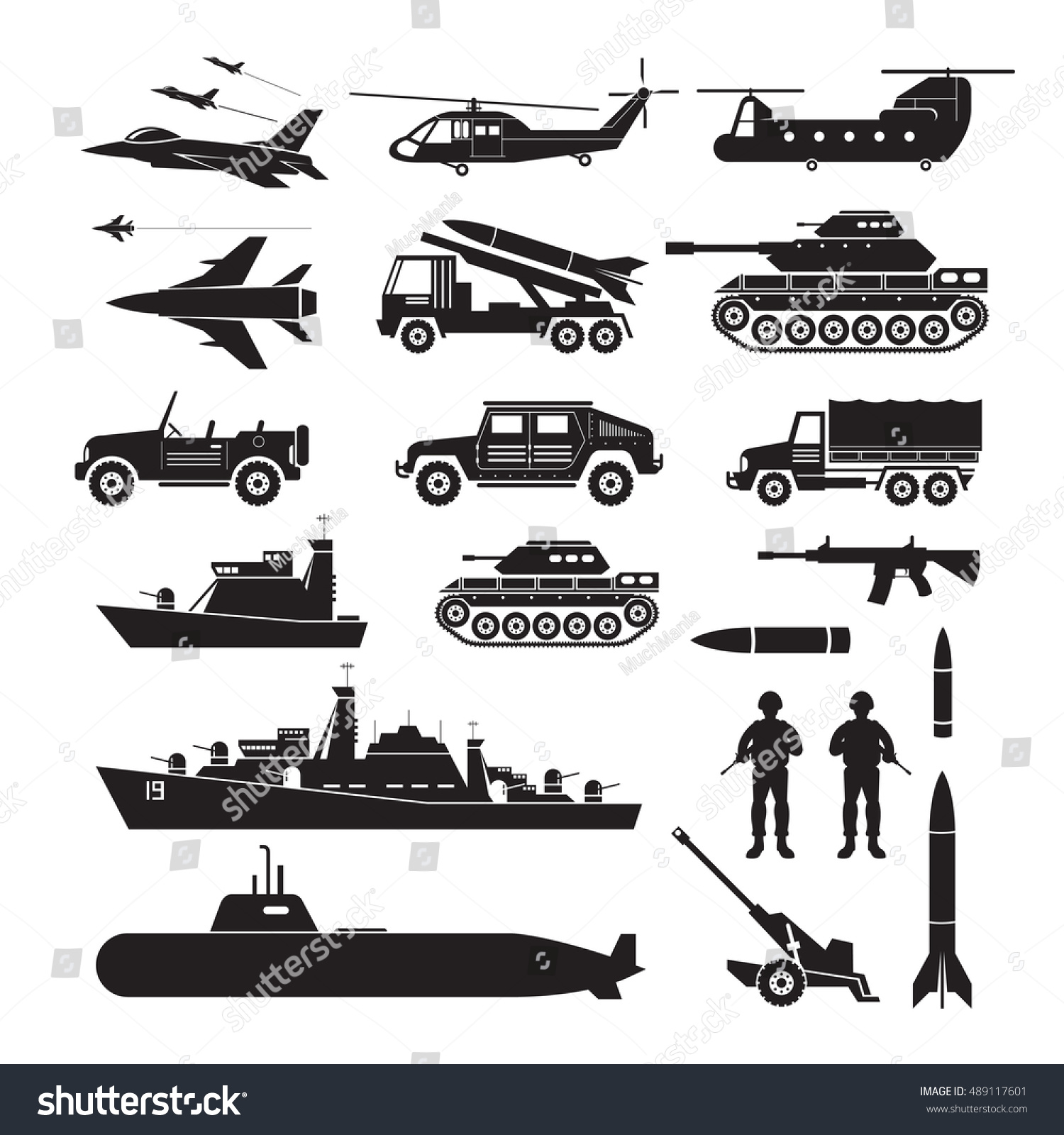 Military Vehicles Object Silhouette Set Side Stock Vector (Royalty Free ...