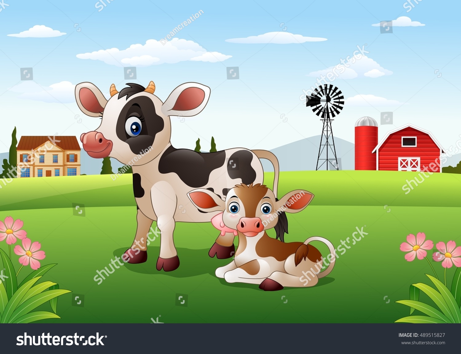 Cartoon Cow Calf Farm Background Stock Illustration 489515827 ...