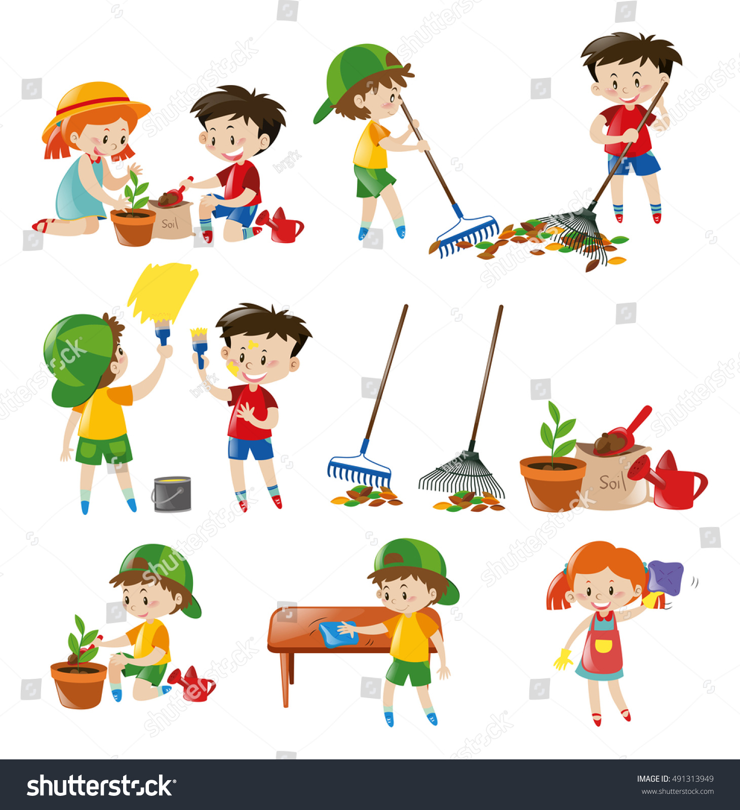 Kids Carrying Out Various Chores Stock Vector (Royalty Free) 491313949 ...