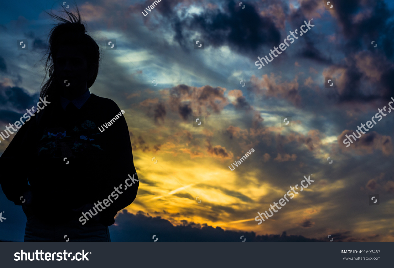 Sunset Sky Beautiful Clouds Silhouette Girl Stock Photo 491693467 ...