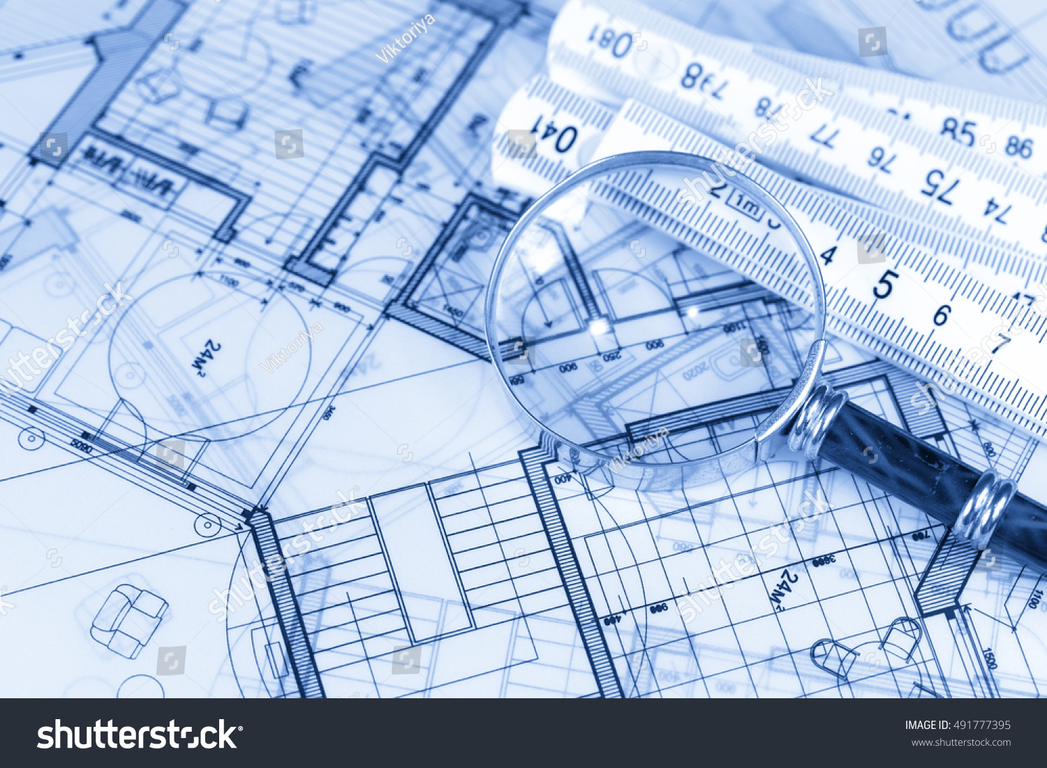 Architecture Blueprints House Plans Magnifying Glass Stock Photo ...