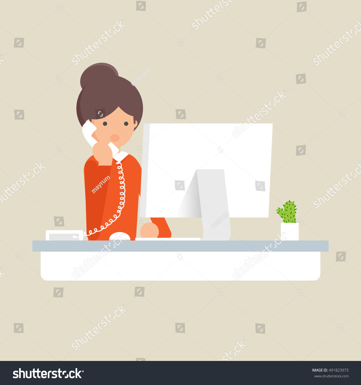 Vector Illustration Woman Sitting Office Talking Stock Vector (Royalty ...