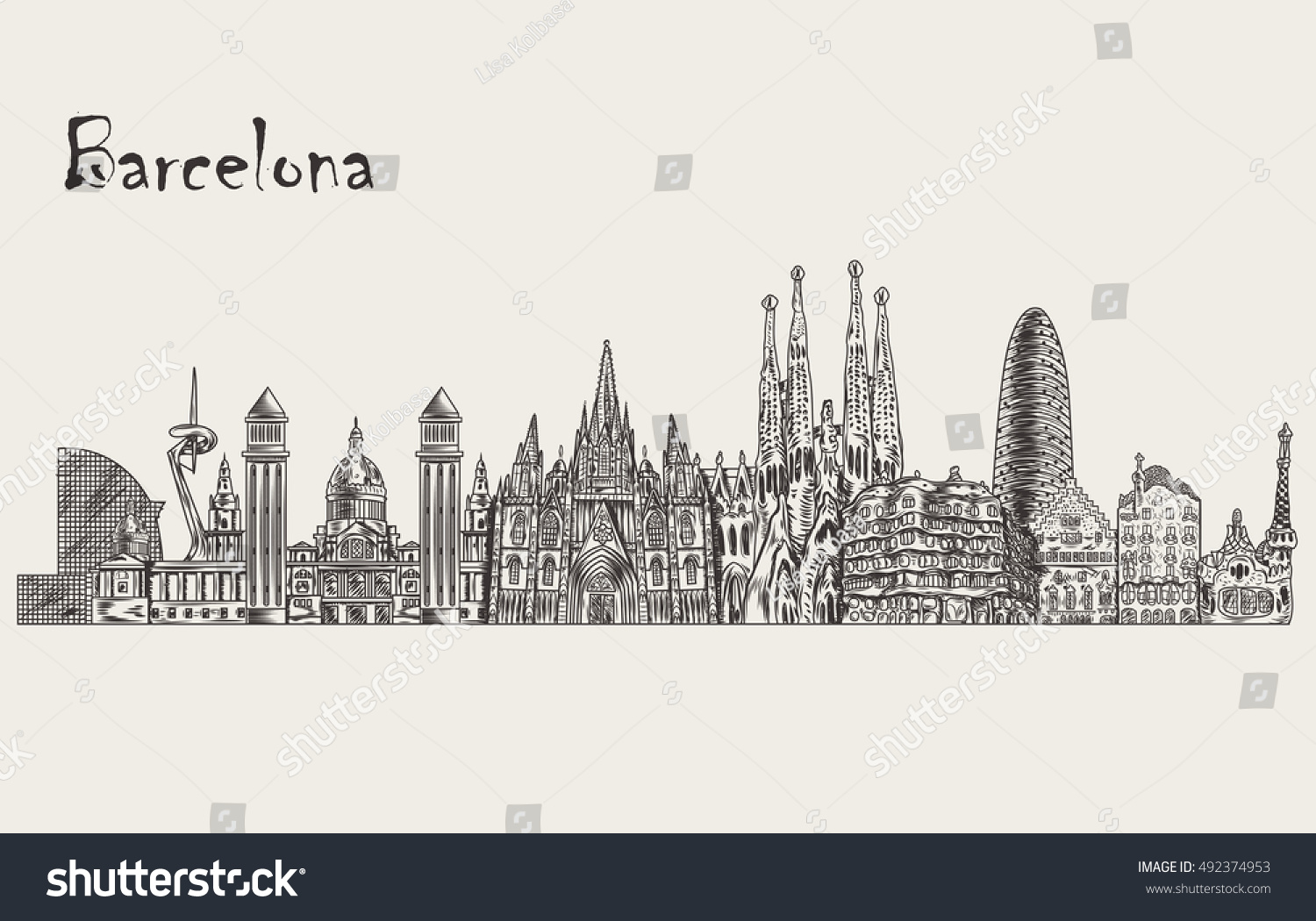 Barcelona Skyline Detailed Silhouette Hand Drawn Stock Vector (Royalty ...